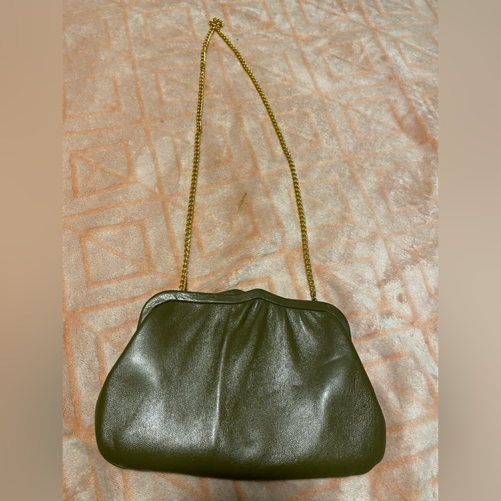 Vintage Olive Green clutch purse with chain by Ande.